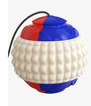 Red and blue dog training chew ball with textured teeth cleaning surface and attached black draw rope tug toy